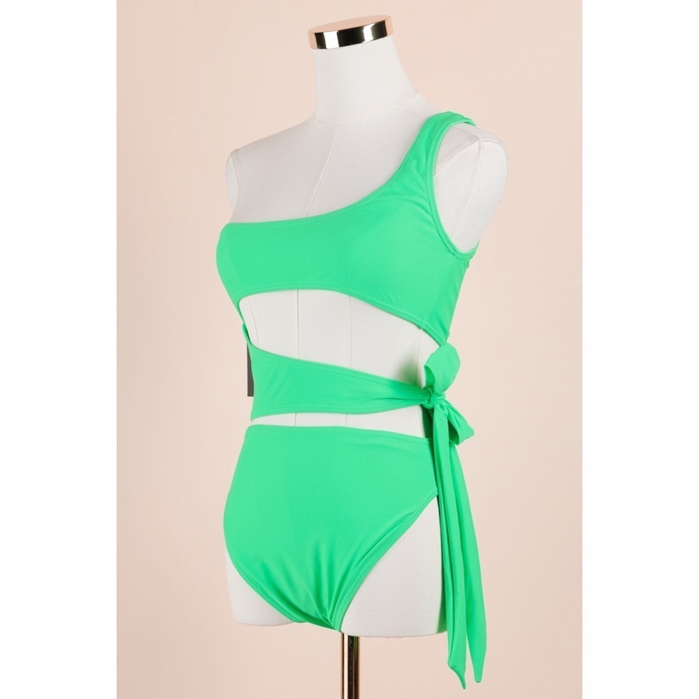 Sz 4 South Beach Bright Green One Piece Cutout Tie Waist Cheeky Swimsuit NWT